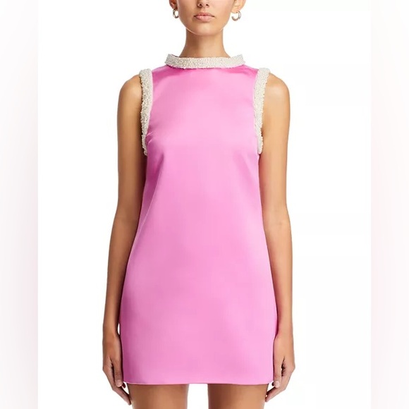 NWT Self-Portrait Pearl Trim Satin Mini Dress Sz US 2 - Picture 2 of 9